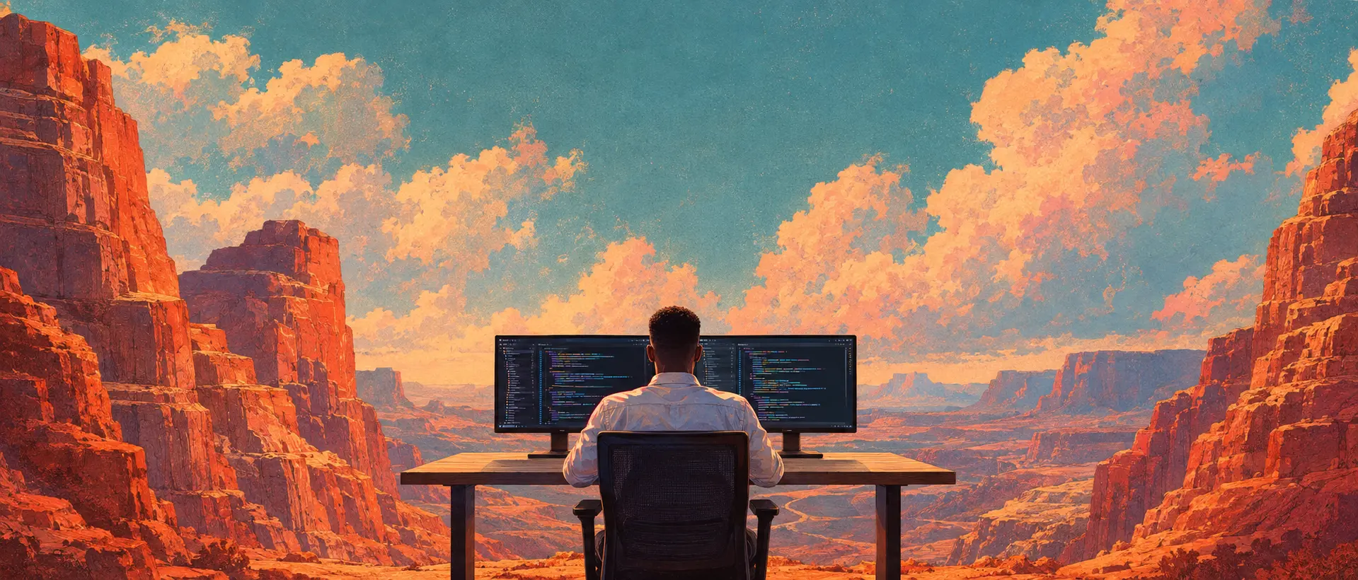 A developer seen from behind, working at a dual-monitor desk in a canyon landscape