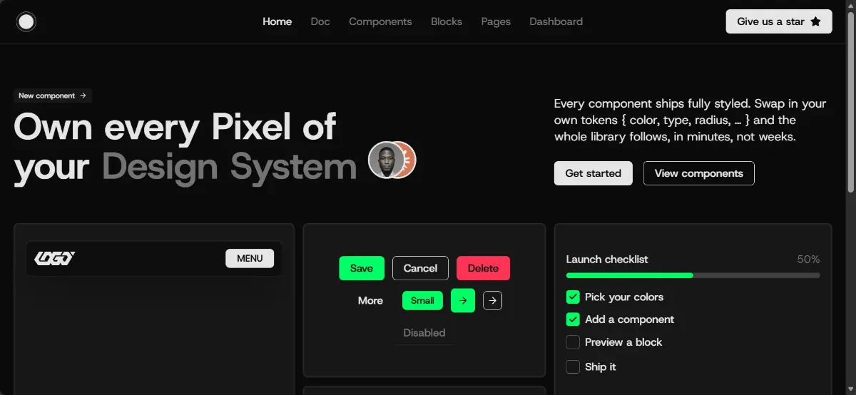 Preview of nsdev/ui: a dark page with the headline Own every Pixel of your Design System and sample buttons, a checklist and menu components