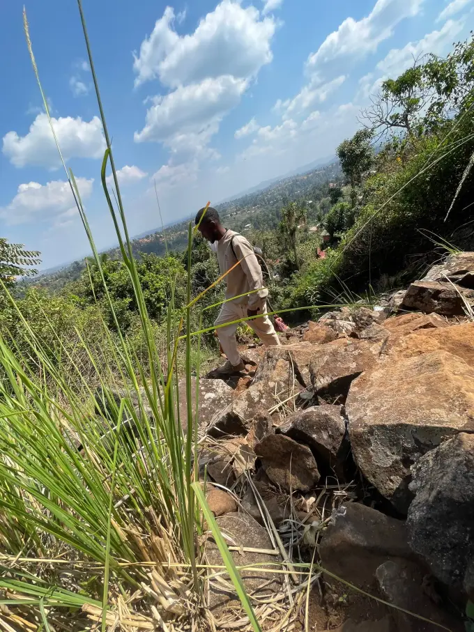 Njoh Simplice Junior hiking on a rocky trail overlooking a lush green valley in Cameroon